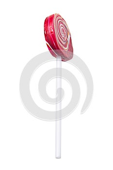 Lollipop, with a bright pink pattern, slightly rotated, on a white background, close-up