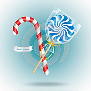 Lollipop and Candy Cane on blye background. Realistic vector illustration