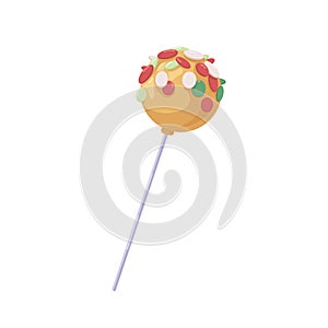 Lollipop candy on stick. Roll pop with colorful sprinkles decor. Round ball-shaped hard lollypop. Sugar sucker. Yummy