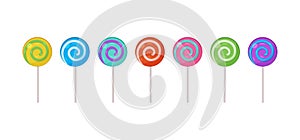 Lollipop candy vector set, spiral sucker on stick, sugar swirl icon. Cartoon sweet lollypop. Colorful illustration