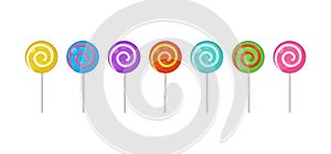 Lollipop candy vector set, spiral sucker on stick, sugar swirl lollypop. Cartoon sweet icon. Colorful illustration