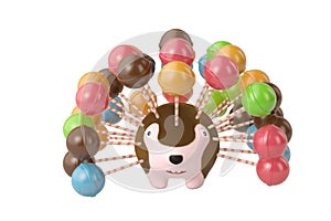 Lollipop with cartoon hedgehog. 3D illustration.