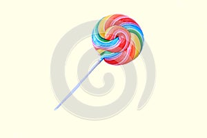 lollipop, Colorful rainbow lollipop swirl on plastic stick isolated on white background.