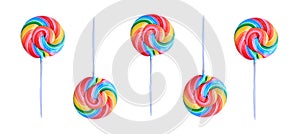 Lollipop, Colorful rainbow lollipop swirl on plastic stick isolated on white background.