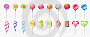 Lollipop. Realistic round and spiral sweet lolly candies. Sugar food on stick. 3D caramel confectioneries on transparent