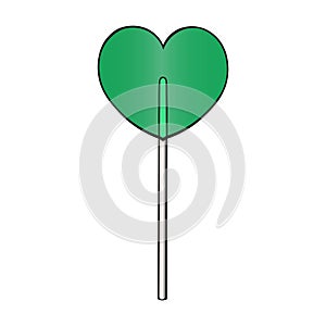 Lollipop, in the shape of a heart. Sugar caramel green. Translucent candy. Color vector illustration. 