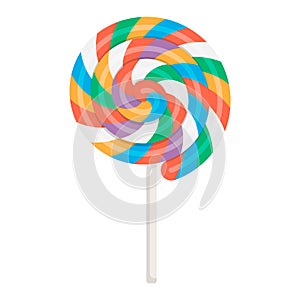 Lollipop with spiral. Twisted sucker candy on stick. Round candies with striped swirls. Vector illustration