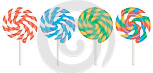 Lollipop with spiral. Twisted sucker candy on stick. Set of round candies with striped swirls. Vector illustration