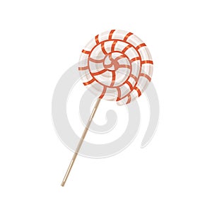 Lollipop on stick. Swirl twisted candy. Sweet round lollypop. Spiral lolly pop. Striped sugar sucker. Swirly dessert