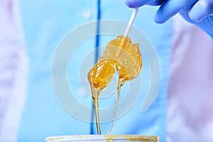 Lollipop in a stretchy clear golden luminous sugaring paste for depilation photo
