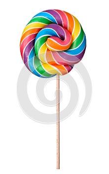 Lollipop swirl big candy on wooden stick rainbow colored isolated