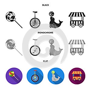 Lollipop, trained seal, snack on wheels, monocycle.Circus set collection icons in black, flat, monochrome style vector