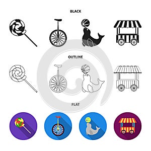 Lollipop, trained seal, snack on wheels, monocycle. Circus set collection icons in black, flat, outline style vector symbol