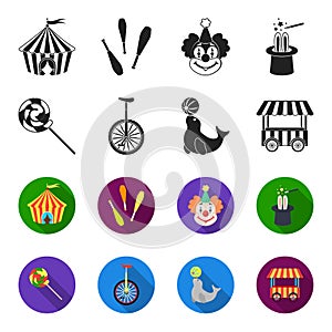 Lollipop, trained seal, snack on wheels, monocycle.Circus set collection icons in black,flet style vector symbol stock