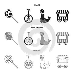 Lollipop, trained seal, snack on wheels, monocycle.Circus set collection icons in black,monochrome,outline style vector