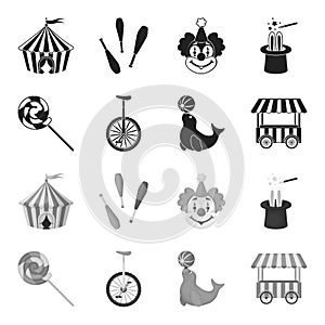 Lollipop, trained seal, snack on wheels, monocycle.Circus set collection icons in black,monochrome style vector symbol