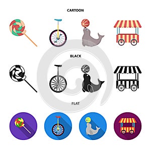 Lollipop, trained seal, snack on wheels, monocycle.Circus set collection icons in cartoon,black,flat style vector symbol