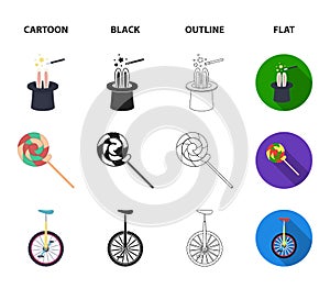 Lollipop, trained seal, snack on wheels, monocycle.Circus set collection icons in cartoon,black,outline,flat style