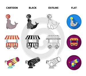 Lollipop, trained seal, snack on wheels, monocycle.Circus set collection icons in cartoon,black,outline,flat style