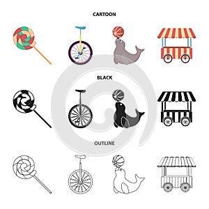 Lollipop, trained seal, snack on wheels, monocycle.Circus set collection icons in cartoon,black,outline style vector