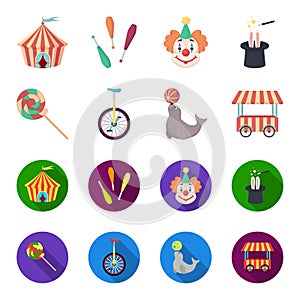 Lollipop, trained seal, snack on wheels, monocycle.Circus set collection icons in cartoon,flat style vector symbol stock