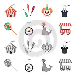 Lollipop, trained seal, snack on wheels, monocycle.Circus set collection icons in cartoon,monochrome style vector symbol