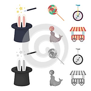 Lollipop, trained seal, snack on wheels, monocycle.Circus set collection icons in cartoon,monochrome style vector symbol