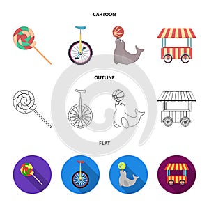 Lollipop, trained seal, snack on wheels, monocycle.Circus set collection icons in cartoon,outline,flat style vector