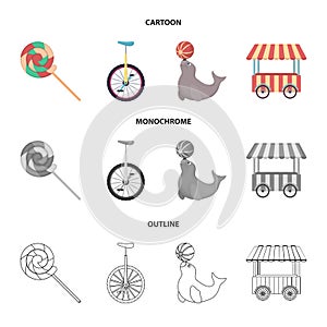 Lollipop, trained seal, snack on wheels, monocycle.Circus set collection icons in cartoon,outline,monochrome style