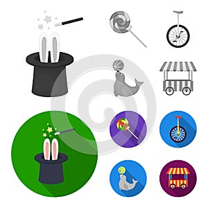 Lollipop, trained seal, snack on wheels, monocycle.Circus set collection icons in monochrome,flat style vector symbol