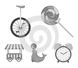 Lollipop, trained seal, snack on wheels, monocycle.Circus set collection icons in monochrome style vector symbol stock