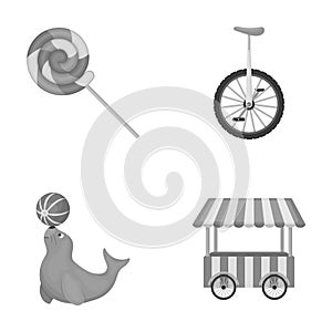 Lollipop, trained seal, snack on wheels, monocycle.Circus set collection icons in monochrome style vector symbol stock