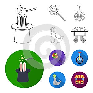 Lollipop, trained seal, snack on wheels, monocycle.Circus set collection icons in outline,flat style vector symbol stock