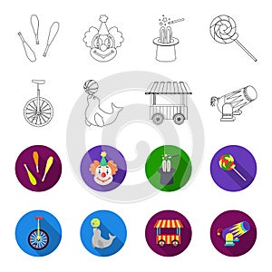 Lollipop, trained seal, snack on wheels, monocycle.Circus set collection icons in outline,flat style vector symbol stock