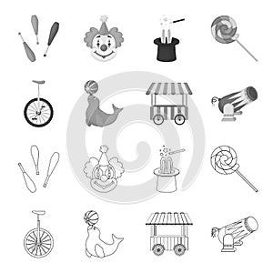 Lollipop, trained seal, snack on wheels, monocycle.Circus set collection icons in outline,monochrome style vector symbol