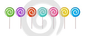 Lollipop vector icon, swirl and spiral candy on stick. Cartoon sweet set. Colorful illustration