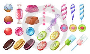 Lollipops and candies. Chocolate and toffee round sweets, caramel bonbon marshmallow and gummy. Vector jellies candies photo