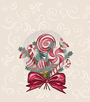 Lollipops, candies. Christmas holiday bouquet of pine branches, Christmas decorations and candy