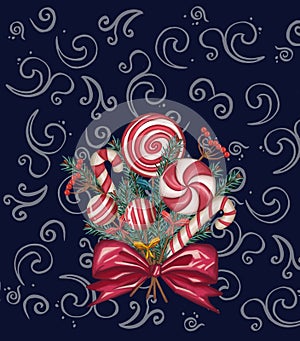 Lollipops, candies. Christmas holiday bouquet of pine branches, Christmas decorations and candy