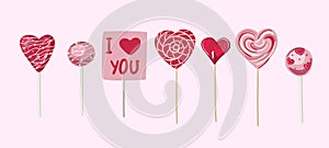 Lollipops for Valentine s Day. Lollipop in heart shape, spiral and round candies in transparent plastic pack isolated