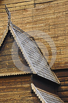 Lom medieval stave church detail. Viking symbol. Norway tourism