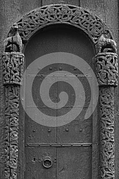 Lom medieval stave church detail. Viking symbol. Norway tourism