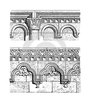 Lombard bands from Jak Church and Heiligenkreuz Abbey | Antique Architectural Illustrations