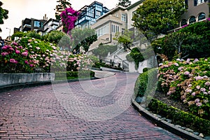 Lombard Street San Francisco California. Famous street with steep curves and bricks photo