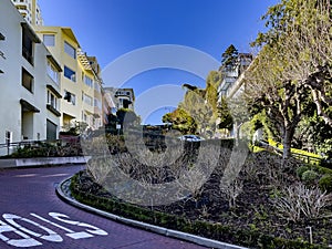 Lombard Street, which is the most famous street in the city of San Francisco, on a sunny winter day, in the state of California,