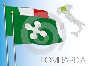 Lombardy official regional flag and map, Italy