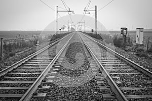 Lomellina countryside railways. Black and white photo