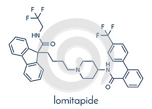 Lomitapide cholesterol lowering drug molecule. Used in treatment of homozygous familial hypercholesterolemia. Skeletal formula.