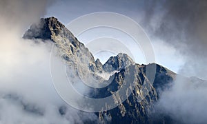 Lomnicky peak and Lomnicky ridge in clouds High Tatra Slovakia