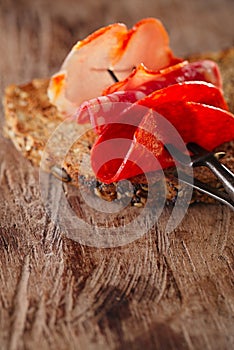Lomo pork loin, chorizo pamplona, salchichon salame on meat for photo